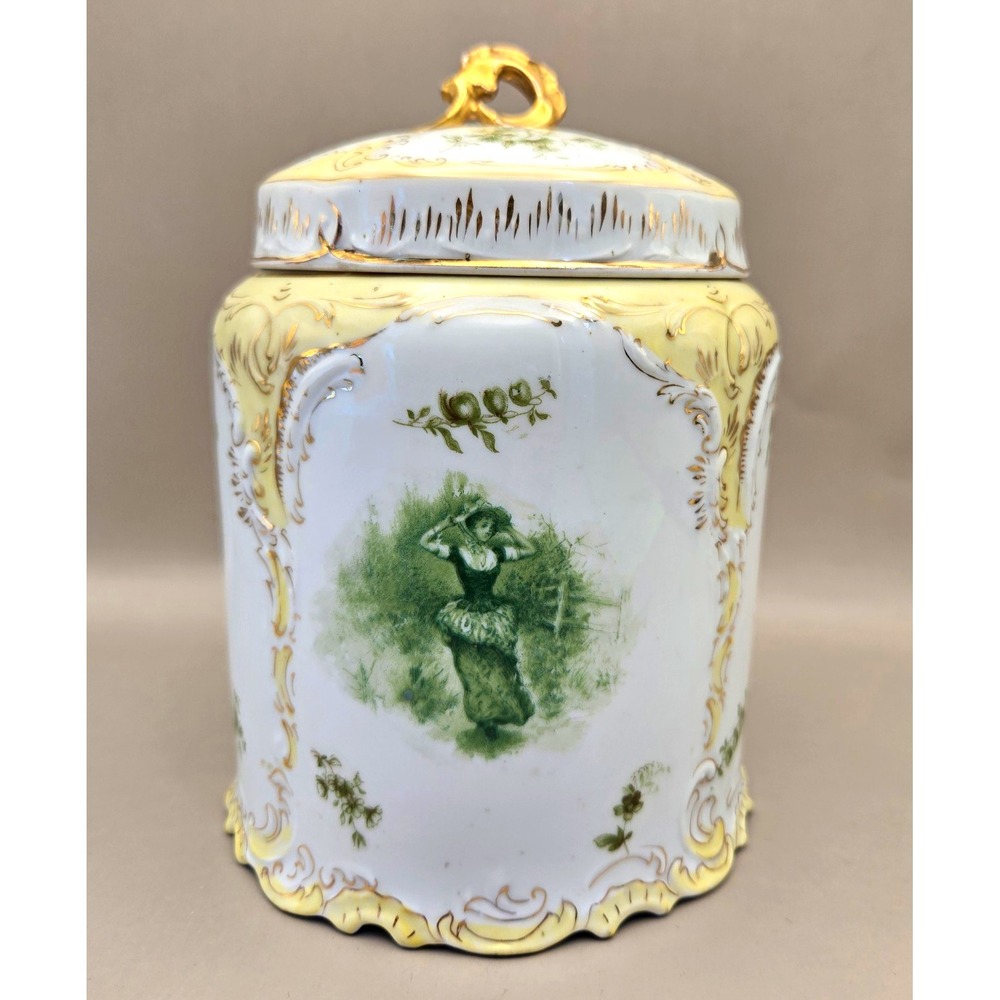 Antique Sanssouci Porcelain Jar Gold Handle Green Floral White Germany 7.25"